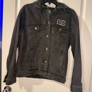 Edgy Black Denim Jacket with Skull Patch